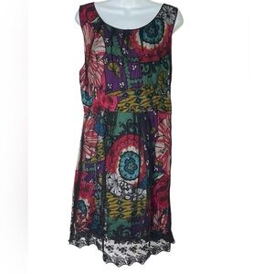 Desigual Dress Sz 44 Lg Mixed Print Floral Lace Overlay Artsy Patchwork Sheath